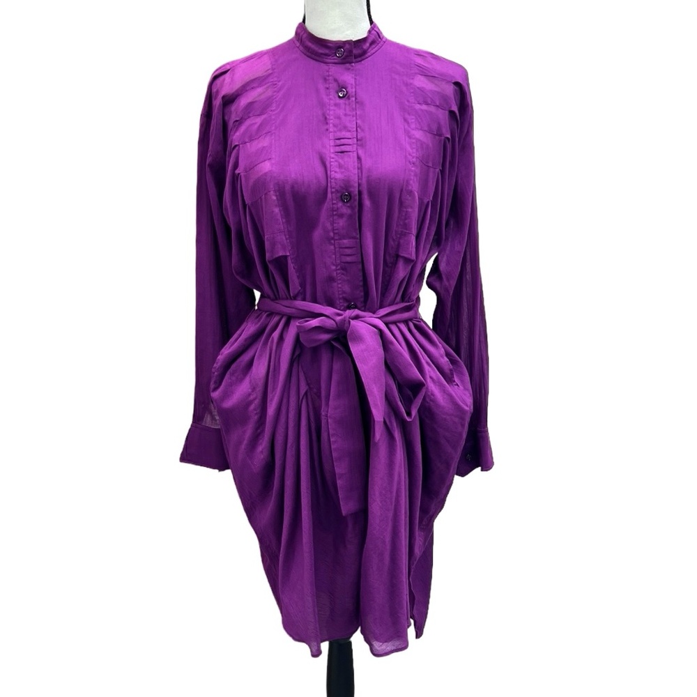 YVES SAINT LAURENT PURPLE COTTON LONG SLEEVE BUTTON DOWN PLEATED DRESS - NWT